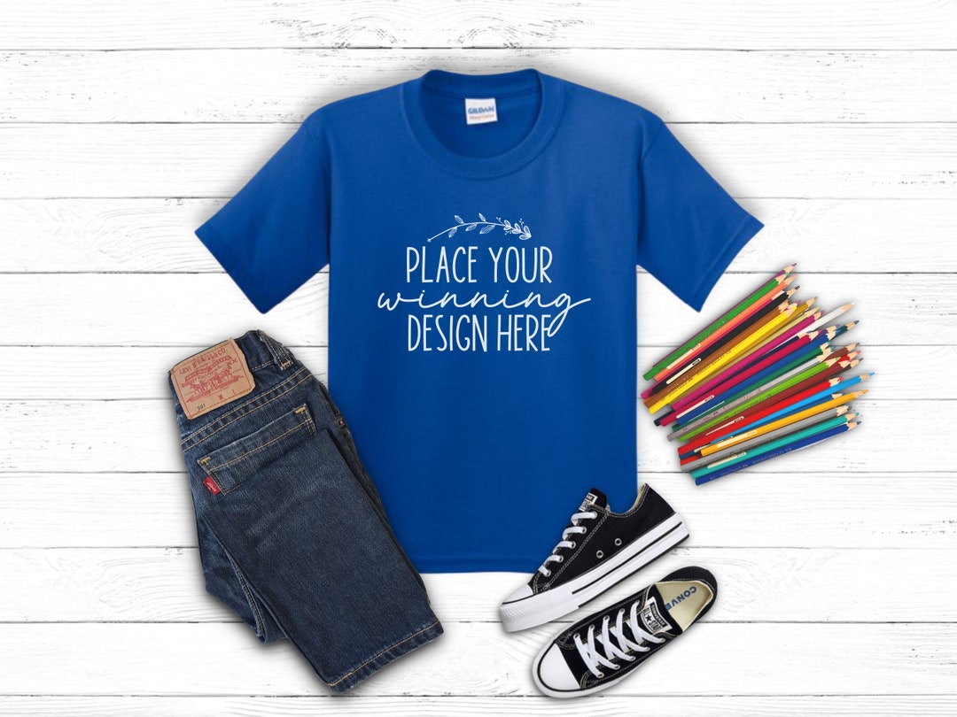 Royal Kids Shirt Mockup Gildan 5000b Blue Flat Lay Gildan Kids T-shirt ...