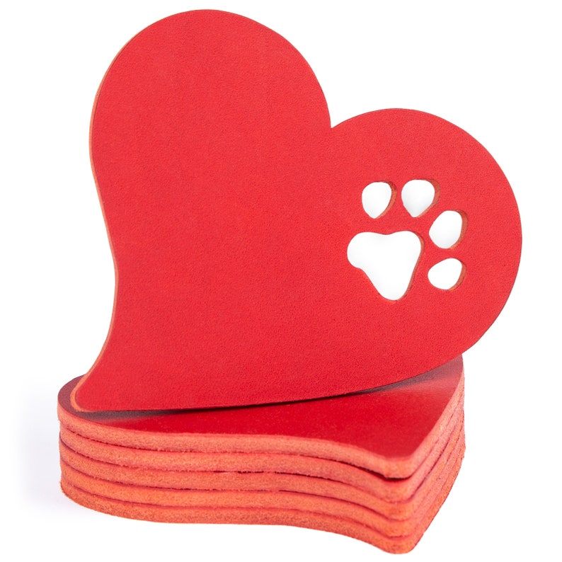 CopcoPet Heart with paw coaster set made of leather, table decoration, glass coaster, cup coaster, gift image 1