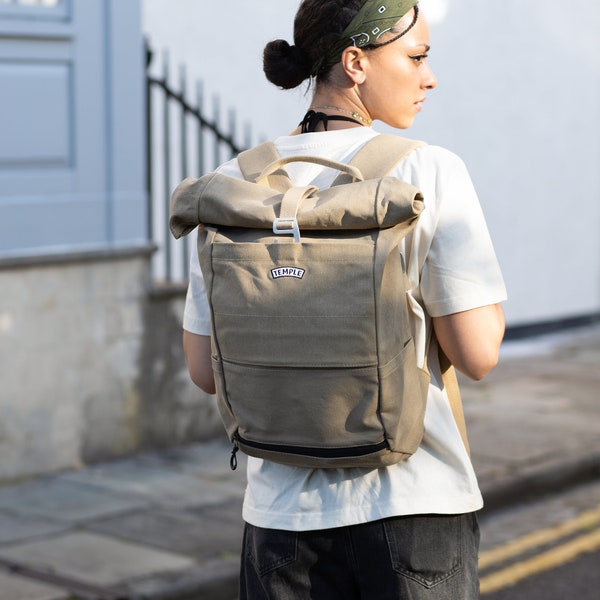 Roll-Top Backpack. Waxed Cotton Canvas Travel Bag. School Bag with Laptop Sleeve. Sustainable Commuter Rucksack. Smart Minimal Rolltop Bag.