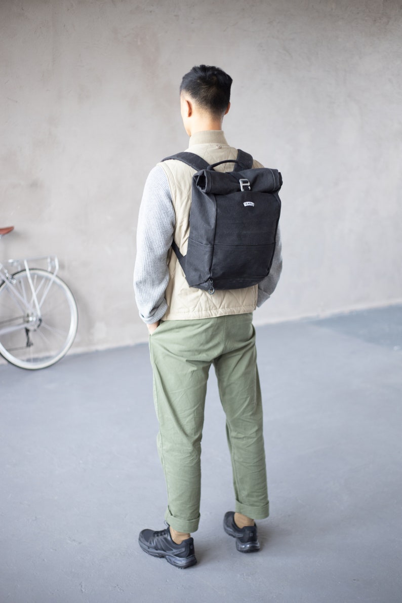 Roll Top Gewachste Baumwolle Canvas Pannier Rucksack/Rucksack Fahrrad/Fahrradtasche. Umweltfreundliches Geschenk für Radfahren / Radfahrer. Bild 5