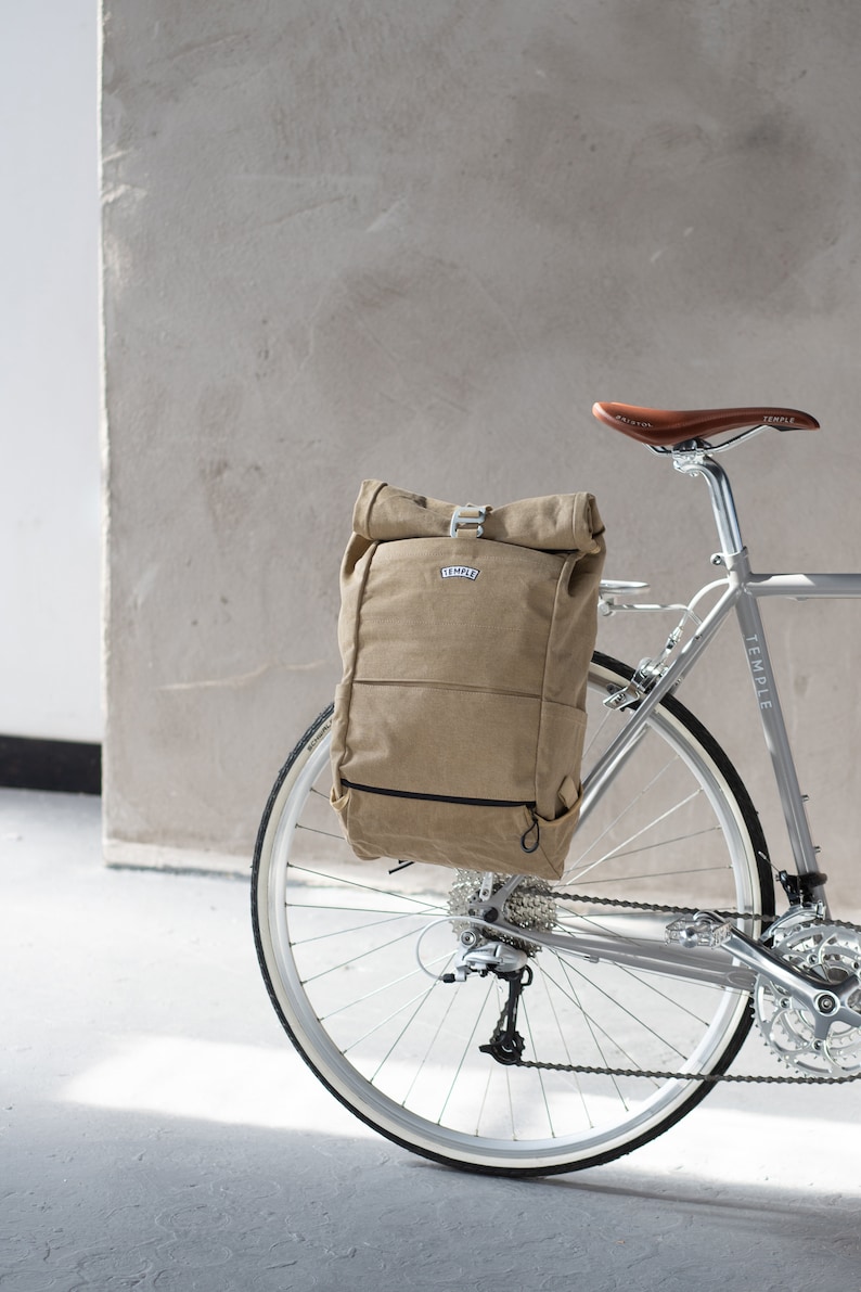 Roll Top Gewachste Baumwolle Canvas Pannier Rucksack/Rucksack Fahrrad/Fahrradtasche. Umweltfreundliches Geschenk für Radfahren / Radfahrer. Bild 3