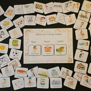 May include: A visual schedule for children with colourful cards featuring various activities, such as getting dressed, school, park, play, bath, and more. The cards are arranged in a grid with the words "Now", "Next", and "Later" at the top. The text "What am I doing today?" is at the top of the grid.