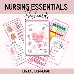 Puede incluir: Un conjunto de tarjetas de memoria de enfermería imprimibles de color rosa y blanco con ilustraciones de equipos médicos y un corazón. Las tarjetas de memoria incluyen temas como los 5 derechos de la medicación, la tabla de color de la orina, la conversión, los cálculos de dosificación y la tasa de flujo IV. El texto "Nursing Essential Flashcards" está en el frente de las tarjetas.