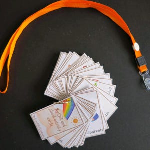 May include: A set of colourful laminated cards with images and words related to outdoor activities. The cards are attached to a lanyard with a rainbow and sun design. The text on the cards reads "My Out and About activity cards" and "By Gremlin/ Creations".