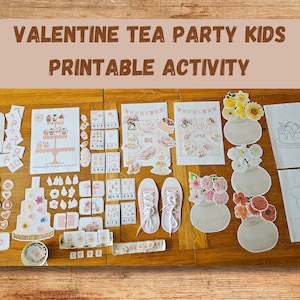 May include: A Valentine's Day themed printable activity set for children. The set includes a variety of activities, such as counting, matching, and colouring. The activities are all related to a tea party theme and feature cute illustrations of teacups, cakes, and flowers.