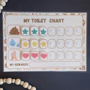 May include: A white and brown toilet training chart with a brown poop emoji, a blue water drop emoji, a hand washing emoji, and three yellow stars. The chart has 12 white circles for stickers. The text "MY TOILET CHART" and "MY REWARDS" are printed on the chart.