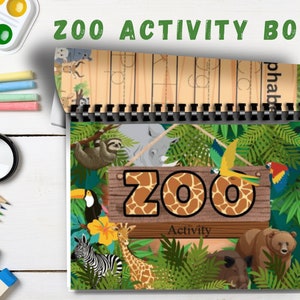 Puede incluir: Un libro de actividades colorido con un tema de selva. La portada presenta un cartel que dice "Zoo Activity" con un patrón de jirafa. El libro está encuadernado con una encuadernación de alambre negro.