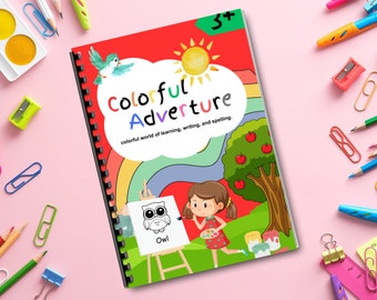 May include: A colourful book titled "Colorful Adverture" with a rainbow, sun, and apple tree on the cover. The book is for ages 3 and up and features a colourful world of learning, writing, and spelling. The book is open to a page with a black and white drawing of an owl on an easel.