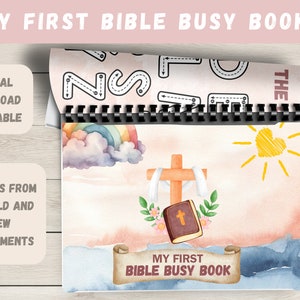 Könnte beinhalten: Ein druckbares Bibel-Beschäftigungsbuch für Kinder mit bunten Illustrationen eines Regenbogens, eines Kreuzes, einer Sonne und einer Bibel. Das Buch enthält Aktivitäten wie das Nachzeichnen von Buchstaben und das Ausmalen.
