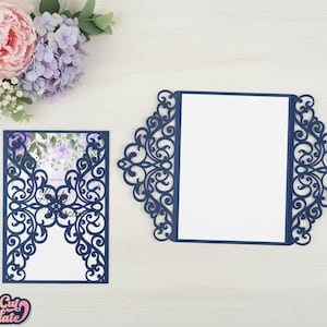 Faire-part de mariage Cricut SVG, carte de porte 5 x 7, faire-part de mariage en dentelle, couverture d'invitation ajourée, modèle de découpe découpé au laser camée Cricut.