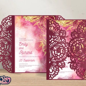 Peony SVG Gate invitation card 5x7, Wedding invitation SVG Cricut, Peonies Gate card template, Cameo Laser cut wedding invitation, Digital.