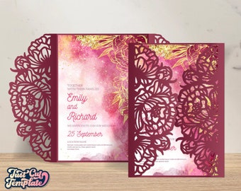 Peony SVG Gate invitation card 5x7, Wedding invitation SVG Cricut, Peonies Gate card template, Cameo Laser cut wedding invitation, Digital.