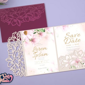Magnolia Trifold Umschlag SVG 5x7, Hochzeit Umschlag, Magnolie Einladung svg, Quinceanera einladen, Vorlage Cricut Cameo Laser geschnitten, Digital.