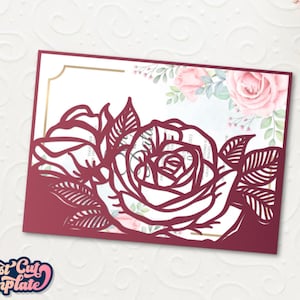 Rosen Tascheneinladung SVG 5x7, Hochzeitseinladung Umschlag, Blumentasche Umschlag, Einladungshülle, Vorlage Cricut Cameo Laser geschnitten.