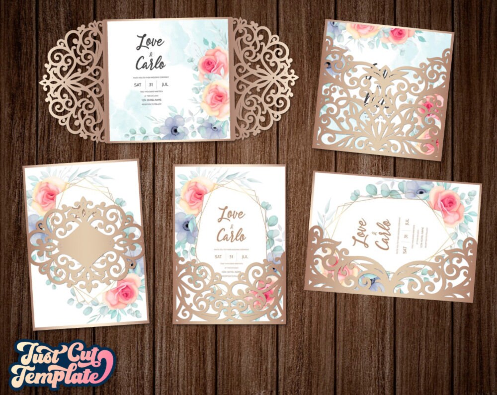 Set Wedding Invitation SVG Templates Cricut Cameo, Trifold Envelope SVG ...