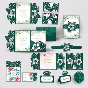 Tropical wedding invitation SVG set, 7 cut templates, Trifold envelope, Gate card, templates Cricut Cameo Laser cut SVG DXF Cdr Studio3 image 1