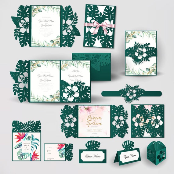 Tropical wedding invitation SVG set, 7 cut templates, Trifold envelope, Gate card, templates Cricut Cameo Laser cut SVG DXF Cdr Studio3