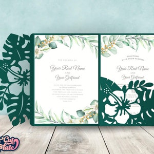 Trifold Hochzeitseinladung SVG, 5x7 Tropischer Taschenumschlag, Palmenblätter Monstera Hibiskus Einladungsvorlage Cricut Cameo Laser cut