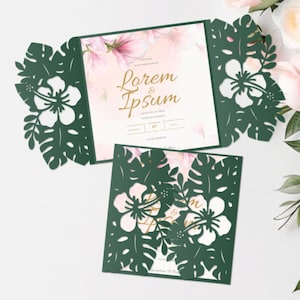 Torfalten Tropische Hochzeitseinladung SVG, Palmenblätter Monstera Karte, quadratische Hibiskustoreinladung, Vorlage Cricut Cameo Laserschnitt.