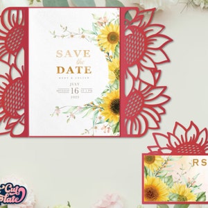 Faire-part de mariage tournesol porte SVG, ensemble carte porte 5 x 7 et carte RSVP, modèles de mariage tournesol Cricut, camée silhouette, découpé au laser.