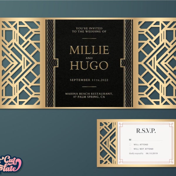 Art Deco Gate Invitation SVG, Set 20s Great Gatsby party invitation, Square Gate fold card, RSVP card, templates Cricut Cameo Laser cut.