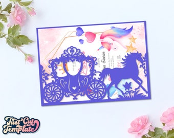 Modelo de envelope para convite em formato de carruagem de princesa em SVG, SVG para aniversário de princesa, envelope de bolso para casamento com Cricut, cartão para festa de debutante cortado a laser.