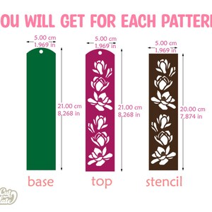 Pode incluir: Tr&ecirc;s designs de marcadores de p&aacute;gina: uma base verde, uma parte superior rosa com desenhos de flores brancas e um est&ecirc;ncil marrom com desenhos de flores brancas. Cada design tem 5 cm de largura e aproximadamente 20 cm de altura.