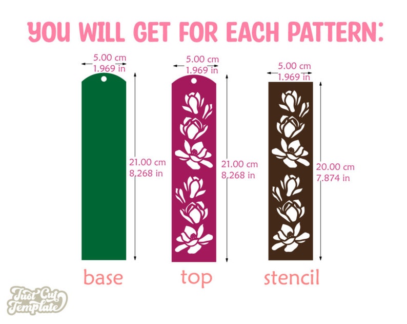 Pode incluir: Tr&ecirc;s designs de marcadores de p&aacute;gina: uma base verde, uma parte superior rosa com desenhos de flores brancas e um est&ecirc;ncil marrom com desenhos de flores brancas. Cada design tem 5 cm de largura e aproximadamente 20 cm de altura.