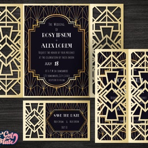 Hochzeit Tor Klappeinladung Art Deco Set SVG, RSVP Karte, 20er Jahre Great Gatsby Partyeinladung, Vorlagen Cricut Cameo Laser cut.