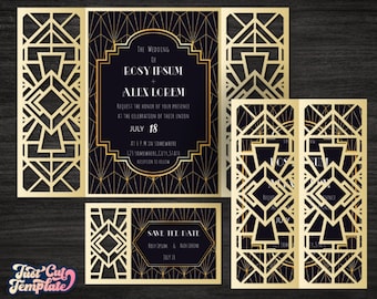 Wedding Gate Fold Invitation Art Deco set SVG, RSVP card, 20s Great Gatsby party invitation, templates Cricut Cameo Laser cut.