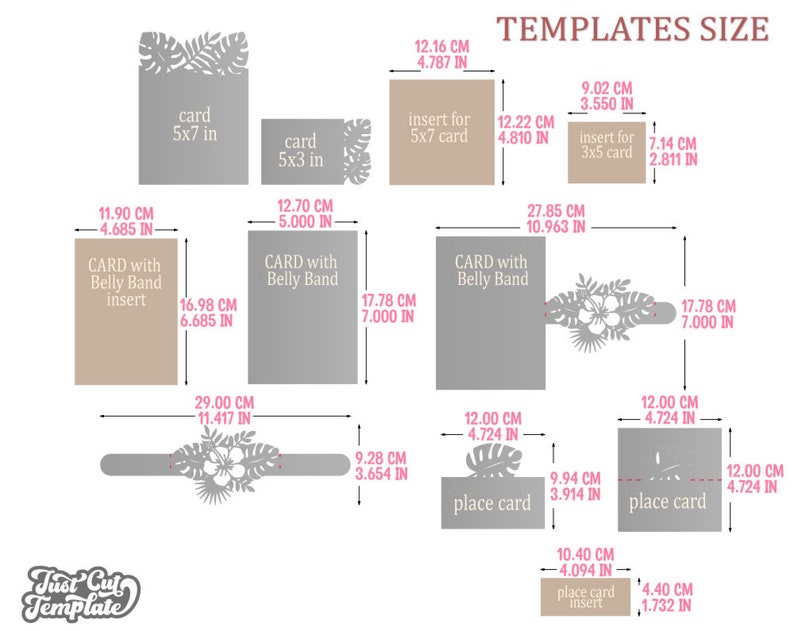 Tropical wedding invitation SVG set, 7 cut templates, Trifold envelope, Gate card, templates Cricut Cameo Laser cut SVG DXF Cdr Studio3 image 9
