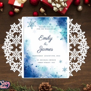 Faire-part de mariage d'hiver SVG 5 x 7, carte de pliage de porte flocons de neige, invitation de fête de mariage de Noël, modèle de découpe Cricut cameo découpé au laser.