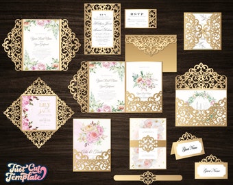 Set Wedding Invitation SVG, Laser cut templates, Trifold envelope, Gate card, 10 pieces for Cricut, Silhouette Cameo (SVG, DXF, Studio3).