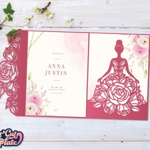 Hochzeitseinladung Vorlage, Quinceanera Prinzessin Einladung SVG, 5x7 tri fold Umschlag, Cricut Cameo Laser cut, Sweet 16 Geburtstagseinladung