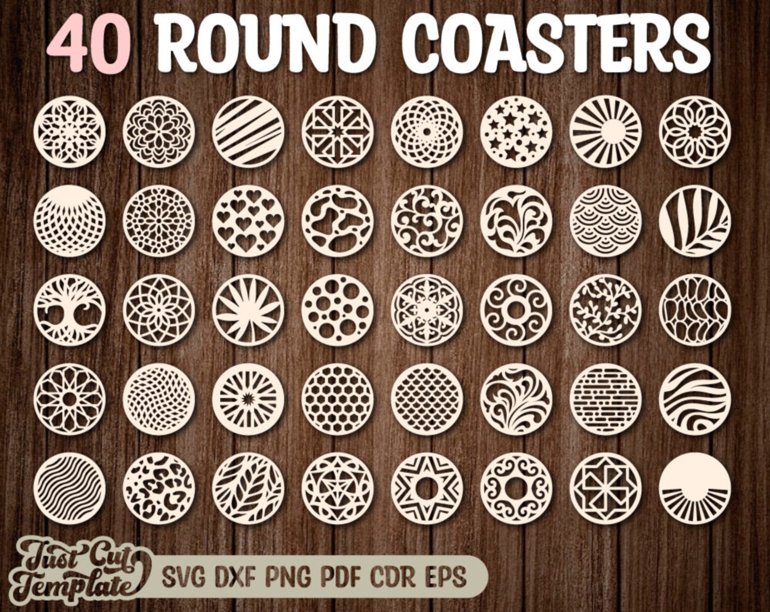 Coaster Set SVG, 40 Round Coaster Bundle, Laser Cut Coaster Files ...