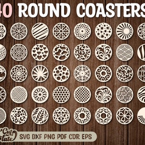 Op de afbeelding: 40 ronde onderzetters met verschillende ontwerpen, waaronder geometrische, bloemmotieven en abstracte patronen. De onderzetters zijn wit en worden weergegeven op een houten oppervlak. De tekst "Just Cut Template" is zichtbaar onderaan de afbeelding.
