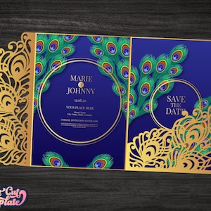 Peacock feathers wedding trifold envelope 5x7, Wedding invitation SVG cover, pocket envelope template Cricut Cameo Laser cut, Digital.