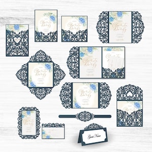 Set per matrimonio in formato SVG, 12 inviti per matrimonio in formato SVG, busta a tre ante, biglietto d'invito, modelli Cricut, Silhouette Cameo tagliati al laser (svg, dxf, Studio3).