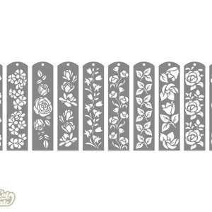 Pode incluir: Conjunto de dez designs de marcadores de p&aacute;gina imprim&iacute;veis com v&aacute;rios padr&otilde;es florais. Cada marcador de p&aacute;gina &eacute; um ret&acirc;ngulo vertical com um design floral branco sobre um fundo cinza.