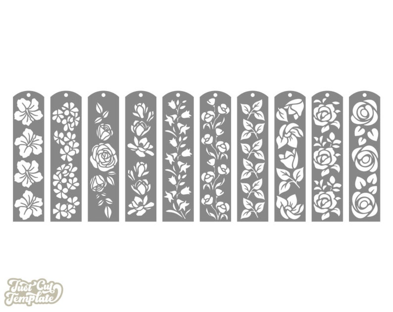 Pode incluir: Conjunto de dez designs de marcadores de p&aacute;gina imprim&iacute;veis com v&aacute;rios padr&otilde;es florais. Cada marcador de p&aacute;gina &eacute; um ret&acirc;ngulo vertical com um design floral branco sobre um fundo cinza.