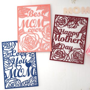 Conjunto de tarjetas del Día de la Madre SVG, Regalo del Día de la Madre Feliz, Tarjeta plegable, Tarjeta de mamá, Tarjeta de mejor mamá, plantillas de corte Cricut Cameo Corte láser, digital.