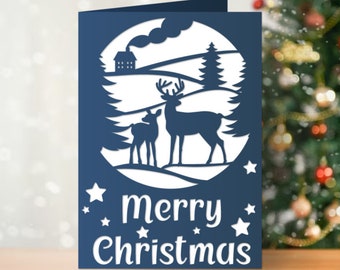 Biglietto di auguri di Natale con cervo 5x7, biglietto di auguri natalizio pieghevole SVG per Cricut, modello di biglietto di auguri di Natale per Cricut Cameo, taglio laser, Papercut.
