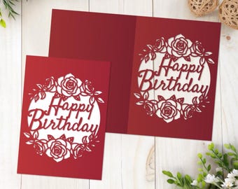 Happy Birthday Card SVG Template 5x7, Floral Birthday Card Cut File for Cricut, Rose Laser Cut Card, Birthday Papercut Card, Fold Card SVG.