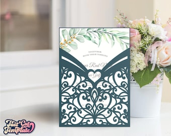 Pochette pochette SVG, couverture SVG 5x7 Invitation de mariage, enveloppe d’invitation Heart Dace, modèle de porte-invitation Cricut Cameo Découpe laser.
