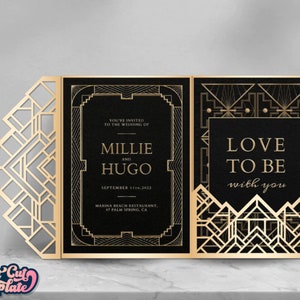 May include: Gold and black wedding invitation with an art deco design. The invitation reads "You're invited to the wedding of Millie and Hugo, September 11, 2022, Marina Beach Restaurant, 17 Palm Spring, CA". The other side of the invitation reads "Love to be with you".