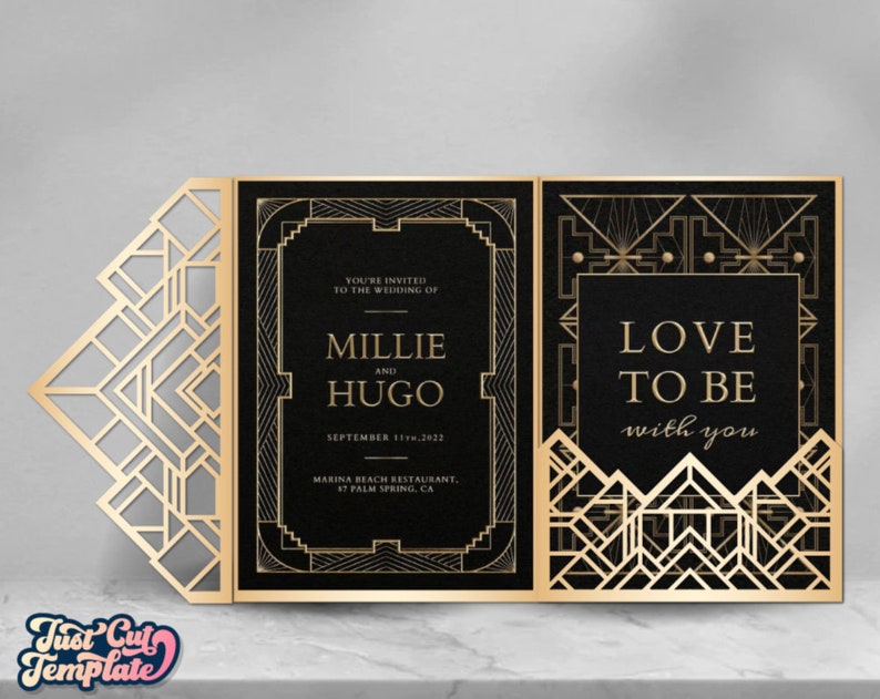May include: Gold and black wedding invitation with an art deco design. The invitation reads "You're invited to the wedding of Millie and Hugo, September 11, 2022, Marina Beach Restaurant, 17 Palm Spring, CA". The other side of the invitation reads "Love to be with you".