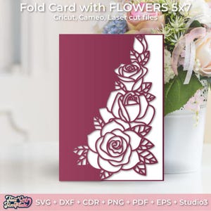 Fold Card with Corner Rose SVG for Cricut, Cameo, Laser Cut, Wedding card, Invitations, Gift Cards, Mother's Day card, Birthday card.