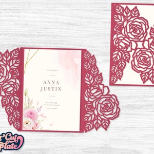 Invito di nozze con rose in formato SVG 5x7, modello di biglietto di nozze di lusso per taglio su Cricut, Cameo, taglio laser. Biglietto di carta ritagliato con piega a cancello.
