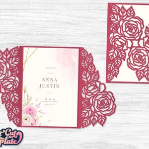 Roses Wedding invitation SVG 5x7, Luxury wedding Card Template for cutting on Cricut, Cameo, Laser cut. Cutout paper gate fold card.