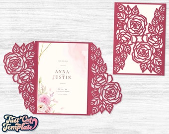 Roses Wedding invitation SVG 5x7, Luxury wedding Card Template for cutting on Cricut, Cameo, Laser cut. Cutout paper gate fold card.